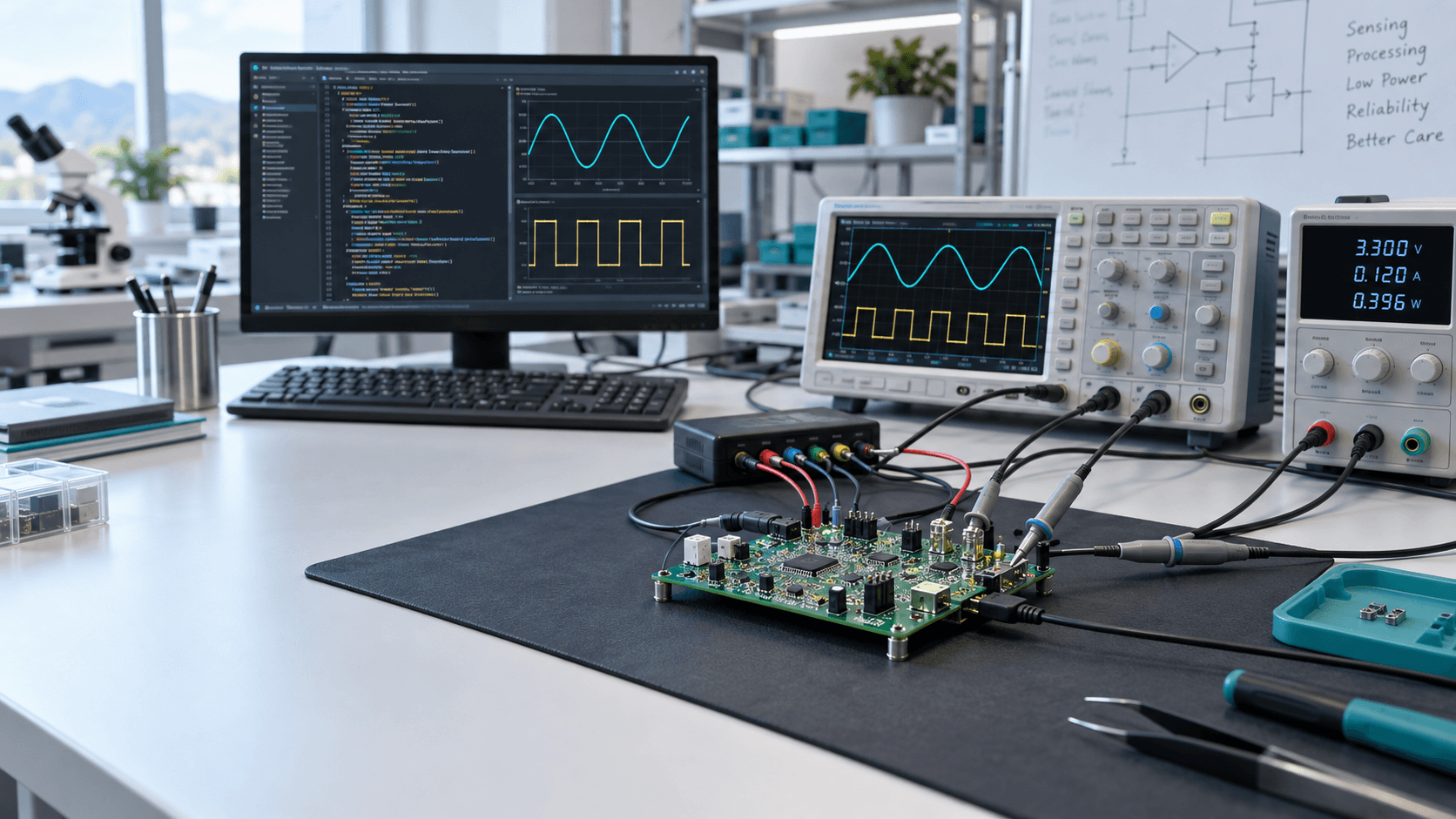 Embedded firmware development bench with PCB, code editor, and signal generator