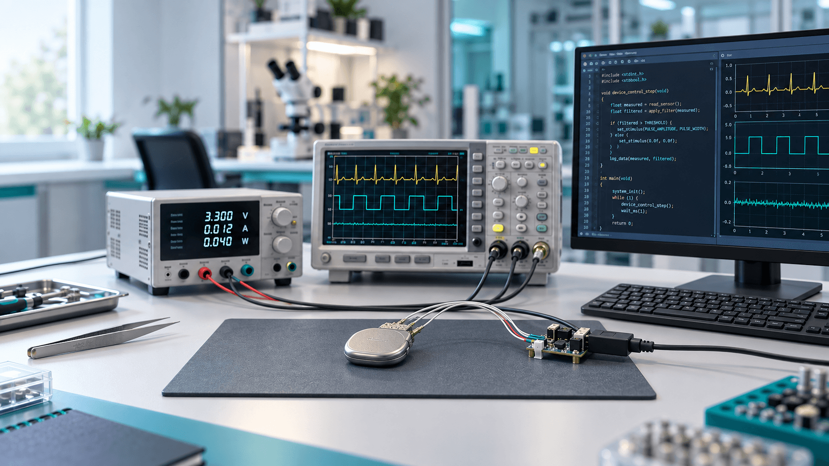Bench setup verifying a connected medical device against oscilloscope and code-level test output