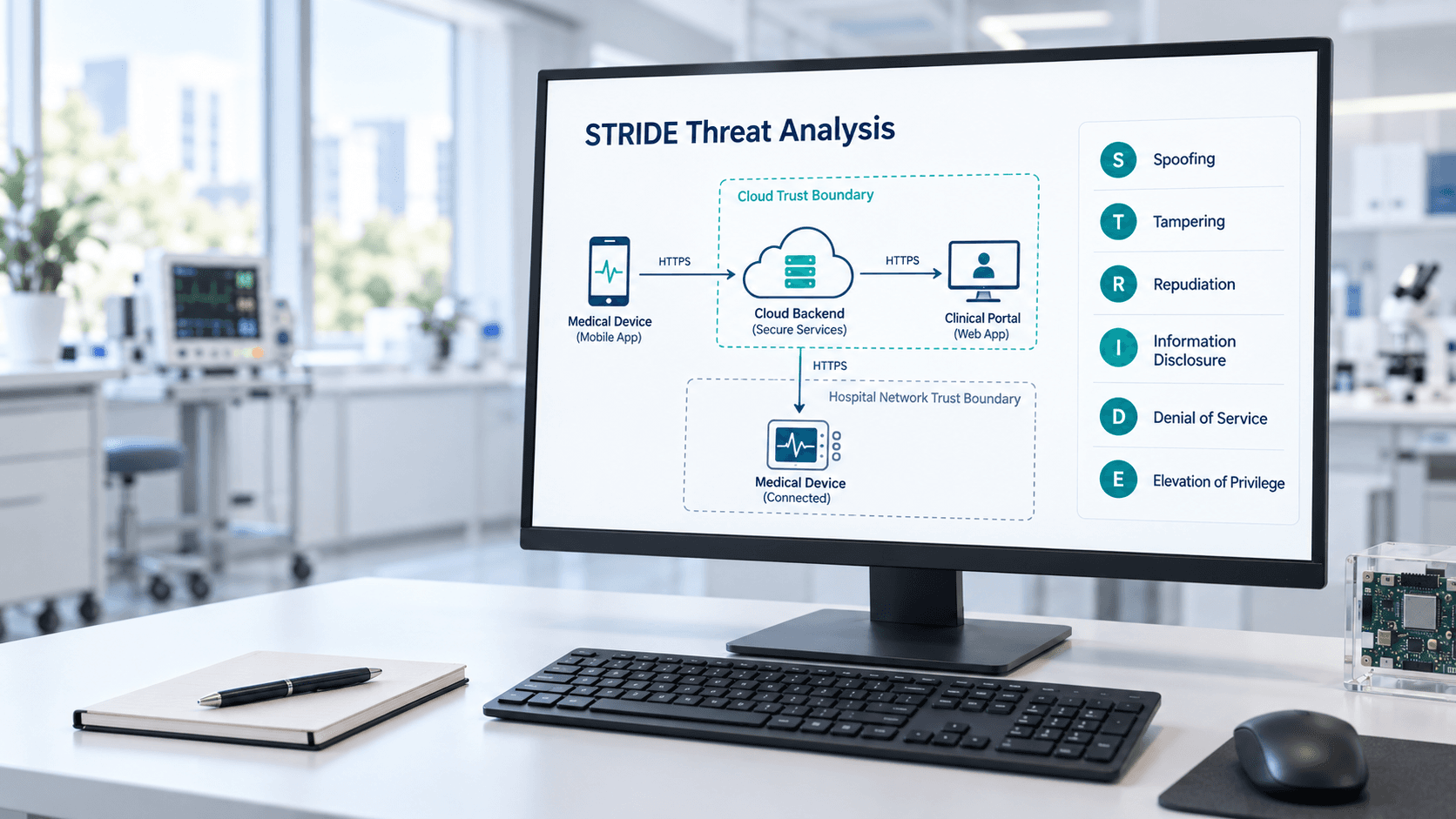 STRIDE threat model diagram mapping a connected medical device across trust boundaries